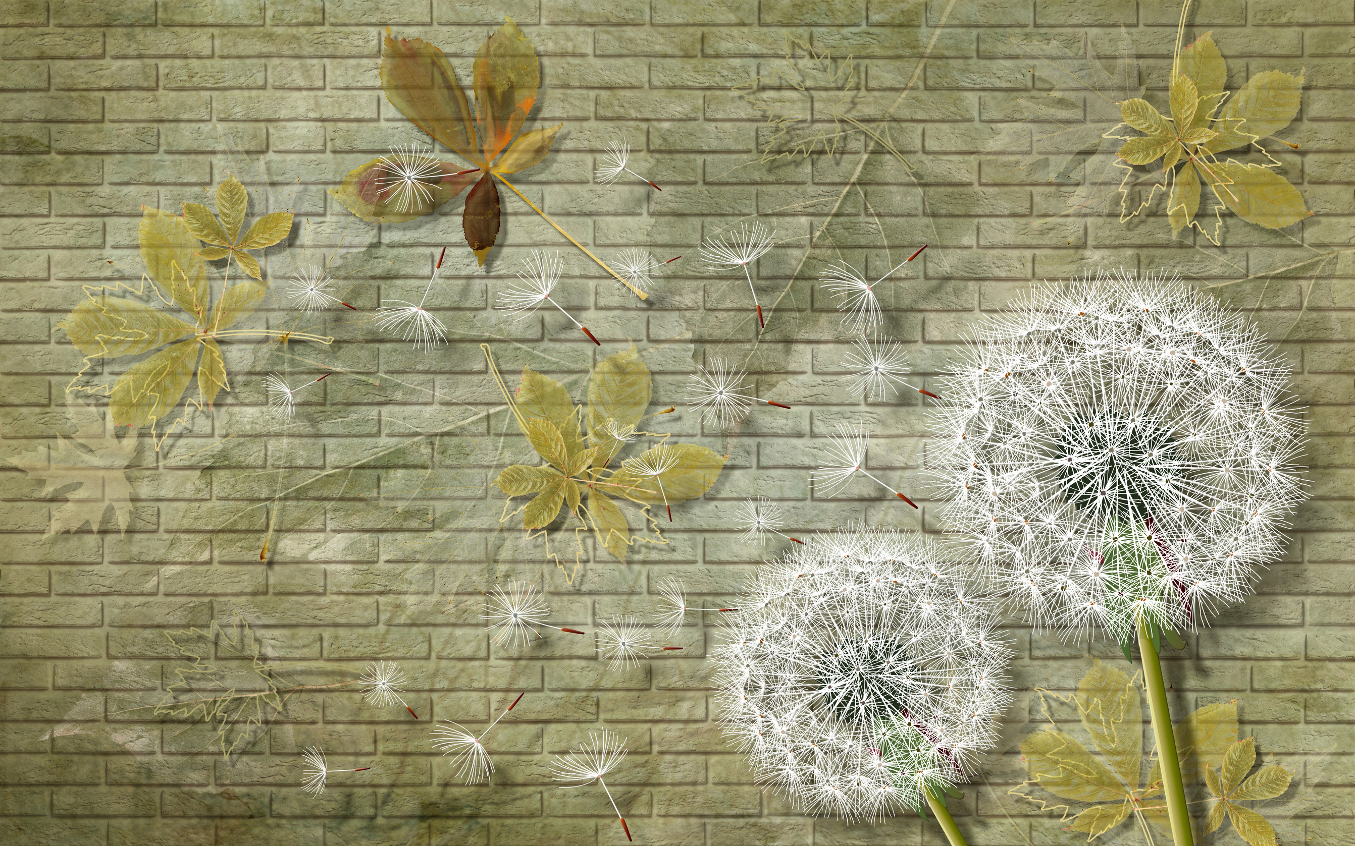 3d background, dandelion, taraxacum, blowballs, brick wall texture background. Fresco effect.